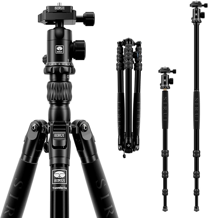 SIRUI Traveler 7A 65.55'' Aluminum Camera Tripod, E-10 Panorama Ball Head and Arca Swiss Quick Release Plate,Load Up to 17.6 lbs,Convertible to Monopod