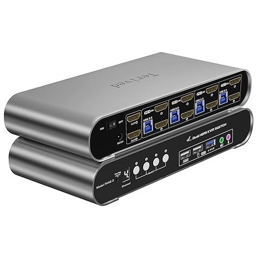 4 Computers 2 Monitors USB 3.0 HDMI KVM Switch 4K@60Hz with Hotkey Switching, Automatic Switching 4 Port Dual Monitor, Aluminum, Digital Display, USB 3.0 Audio/Mic, EDID, HDR10 with Cables