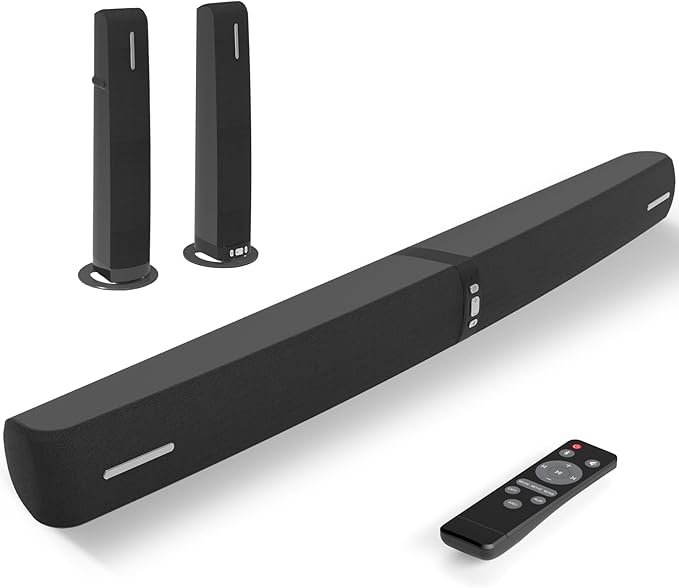 Sound Bar for Smart TV,90W Soundbar with Bluetooth/ARC/Optical/AUX Connect, Auto Volume Boost, 3 Customizable Equalizer Modes, 2 in 1 Detachable Soundbar for TV/PC/Gaming/Projectors
