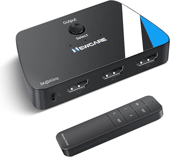 NEWCARE 8K HDMI Switch 3 in 1 Out, HDMI 2.1 Switch with Remote, HDMI Splitter 4K@120Hz Support 8K@60Hz HDCP2.3 HDR10+ VRR ALLM Dolby, HDMI Switcher Compatible with TV PS5/4 Xbox Laptops PC Projector