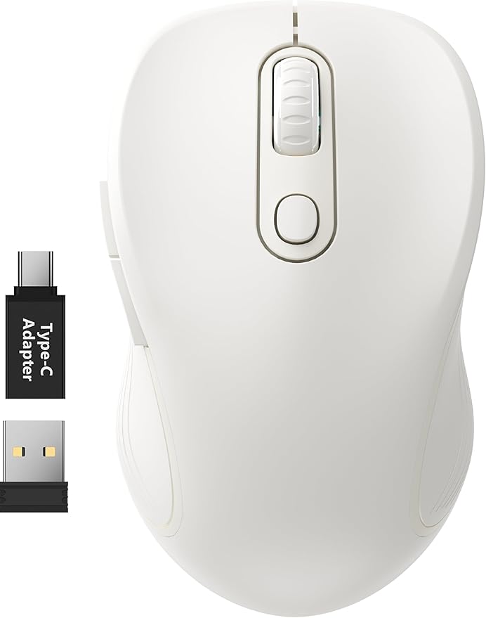 WisFox 2.4G Wireless Mouse for Laptop, Ergonomic Computer Mouse with USB Receiver and Type-C Adapter, 3 Adjustable Levels DPI, 6 Button Cordless Wireless Mice (White)