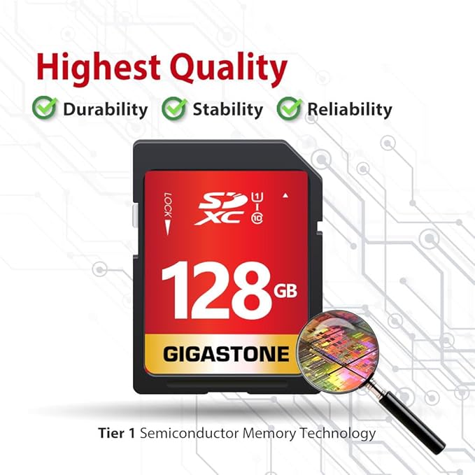 GIGASTONE 128GB SD Card UHS-I U1 Class 10 SDXC Memory Card Full HD Video for Canon Digital Camera, Full-Sized SD Card, with 1 mini case