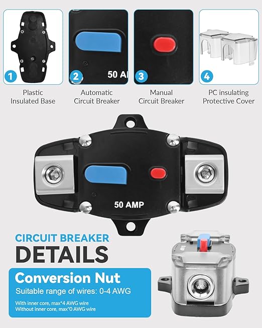 200 Amp Circuit Breaker 12-48 Volt DC 200A Self Recovery Resettable High Amp Circuit Breaker with Manual Reset Button for Automotive RV Marine Boat Car Audio and Amps Protection