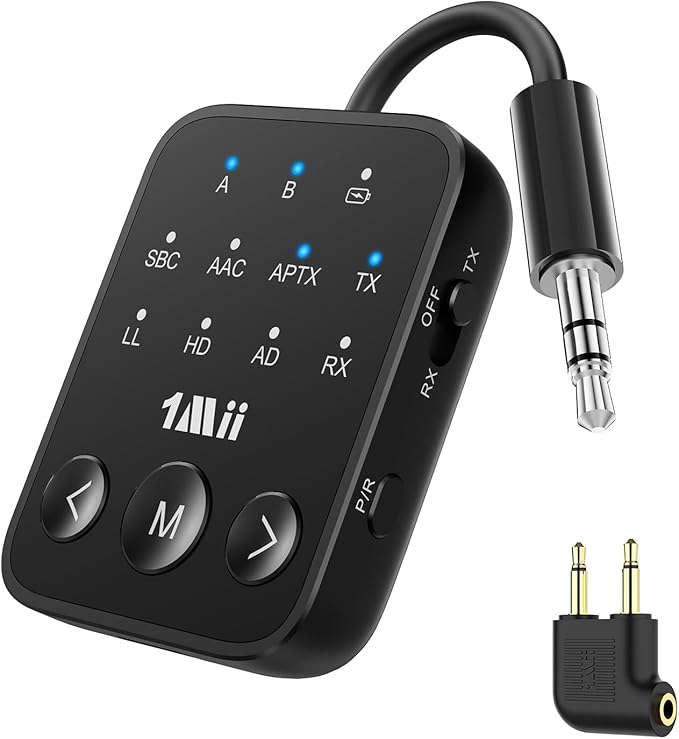 1Mii Bluetooth 5.3 Transmitter Receiver 2-in-1, aptX Adaptive & Low Latency Wireless Audio Adapter for Airplane, Dual Link 2 Devices, 25H Playtime, 3.5mm AUX for TV/Car/Home Stereo/Gym