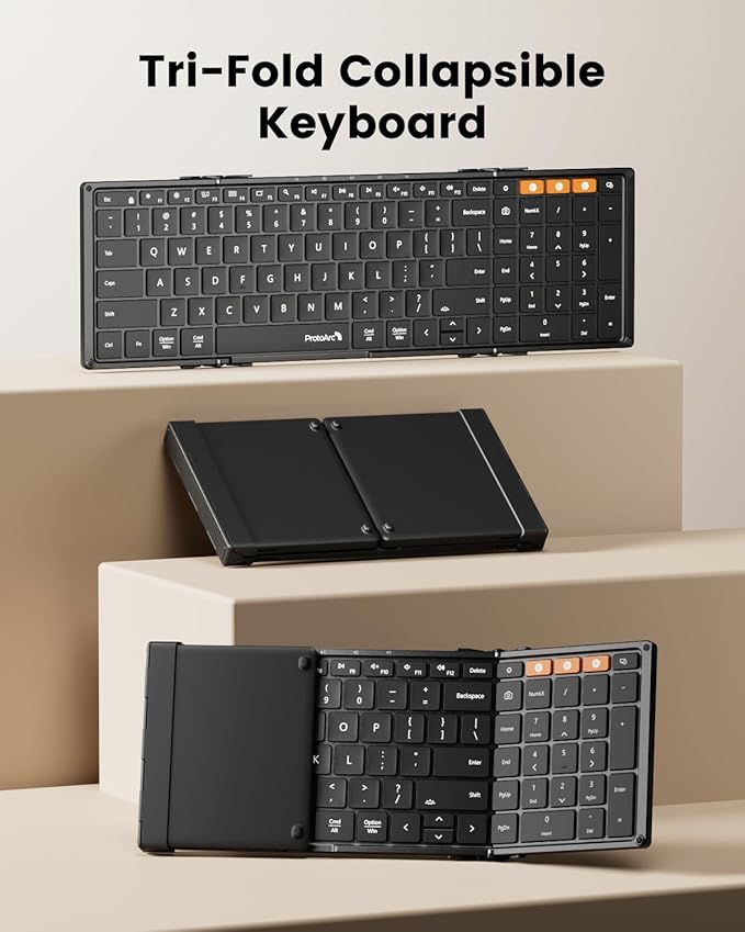 ProtoArc Backlit Foldable Keyboard, XK01 Plus Folding Portable Bluetooth Keyboard for Travel, True Full Size External Wireless Keyboards with Backlight for iPad Tablet Smartphone Laptop - Black