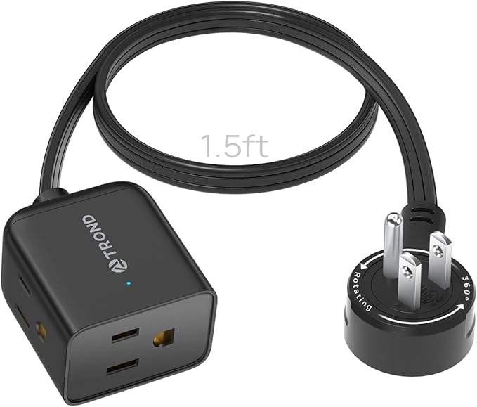 TROND 360° Rotating Flat Plug Extension Cord 1.5ft, Low Profile Small Power Strip, Three Side Grounded Outlet, 13A, Short SPT 16/3 Gauge Cable for Indoor Home Office Cruise Travel Essentials, Black