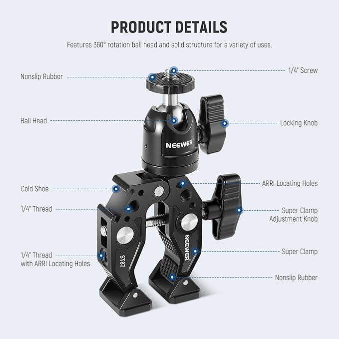 Neewer Super Clamp with Ballhead, Cold Shoe, Phone Holder and Action Camera Mount Adapter for Flat/Round Surface Compatible with GoPro DJI iPhone 15 Pro Max, ST87