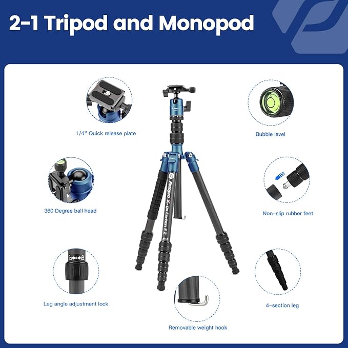 Fotopro 59" Carbon Fiber Travel Tripod, Compact Camera Tripod with Ball Head, Detachable Monopod with Quick Release Plate and Bag, Load up to 8KG/17.63lbs, Blue