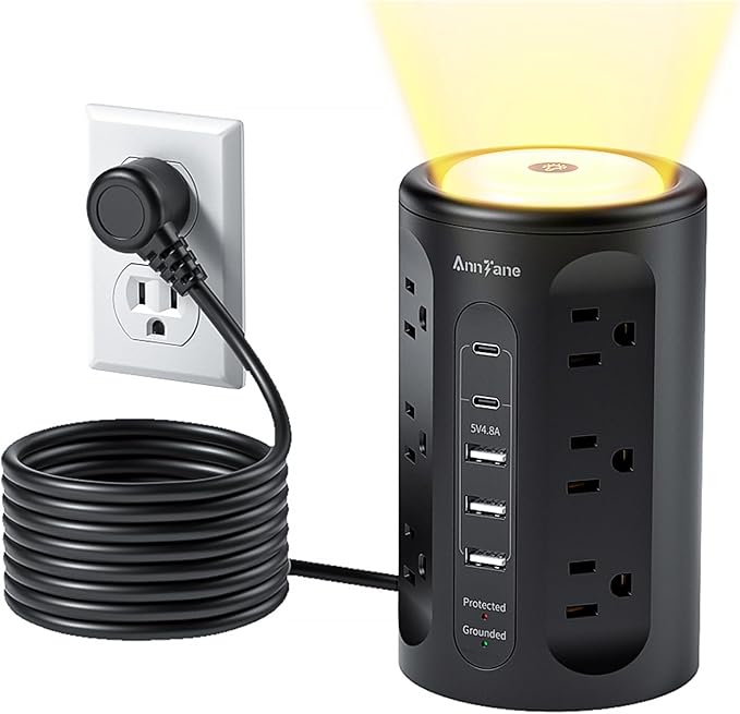 Power Strip Tower with Night Light, Power Strip Surge Protector with USB Ports, Extension Cord 10 FT with Multiple Outlets (12AC+3A+2C) for Home Office Desk DormRoom (Black)