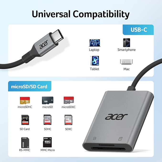 Acer SD Card Reader USB C, Dual Slots Type C to Memory Card Reader, Aluminum Micro SD Card Camera Adapter for MicroSD, SDHC, SDXC, Compatible with iPhone16/15, MacBook, iPad Pro, Android, Laptop