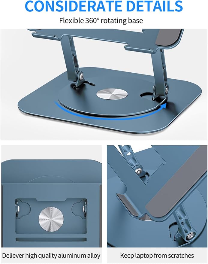 Adjustable Laptop Stand with 360 Rotating Base, Computer Stand for Laptop Ergonimic Foldable Laptop Riser for Desk Compatible with MacBook Pro/Air Notebook up to 16 Inches, Navy