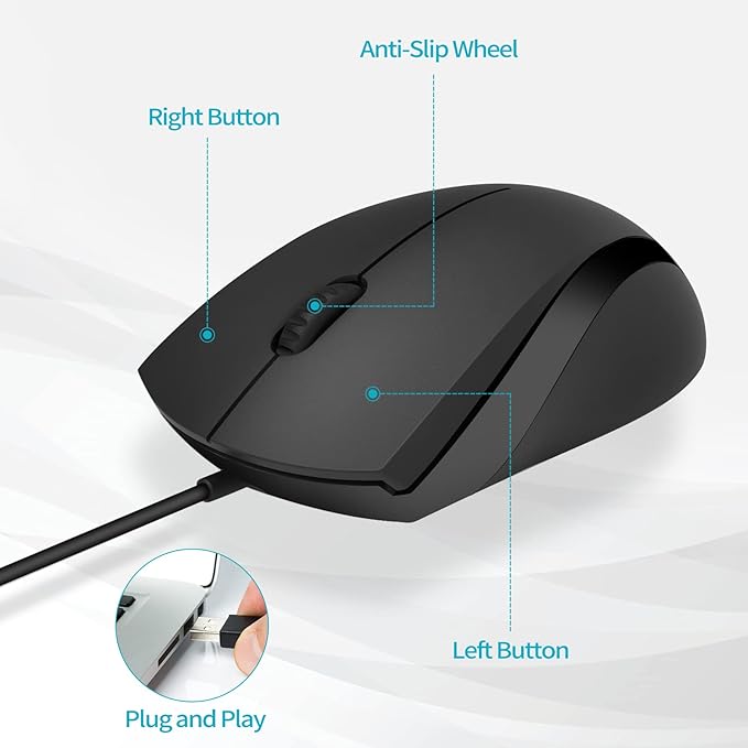 Rapoo Silent Wired Mouse, 1000 DPI 5ft Cord Quiet Button Optical Computer Mouse, Left Right Hand Use, for Laptop Chromebook Mac Notebook, Matte Black