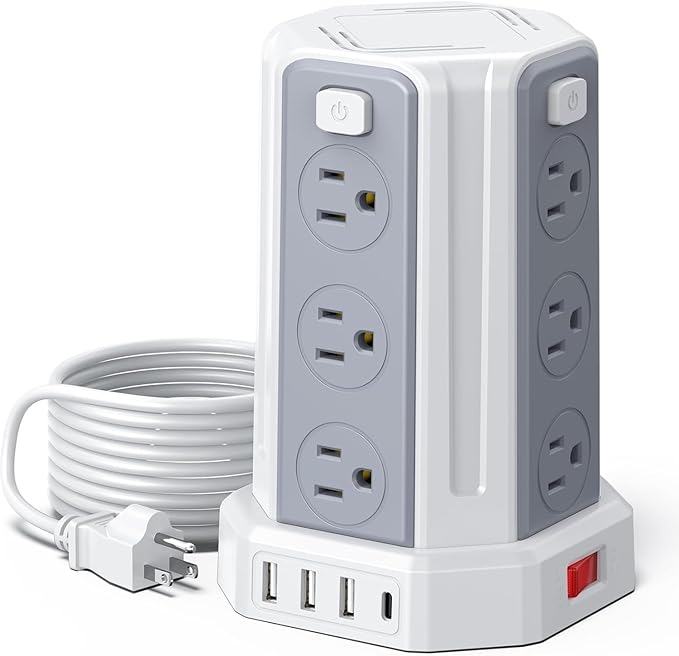 Power Strip Surge Protector, 10 Ft Extension Cord with 12 AC Multiple Outlets 4 USB (1 USB C), SMALLRT Power Tower Desktop Charging Station (White, 10 FT)