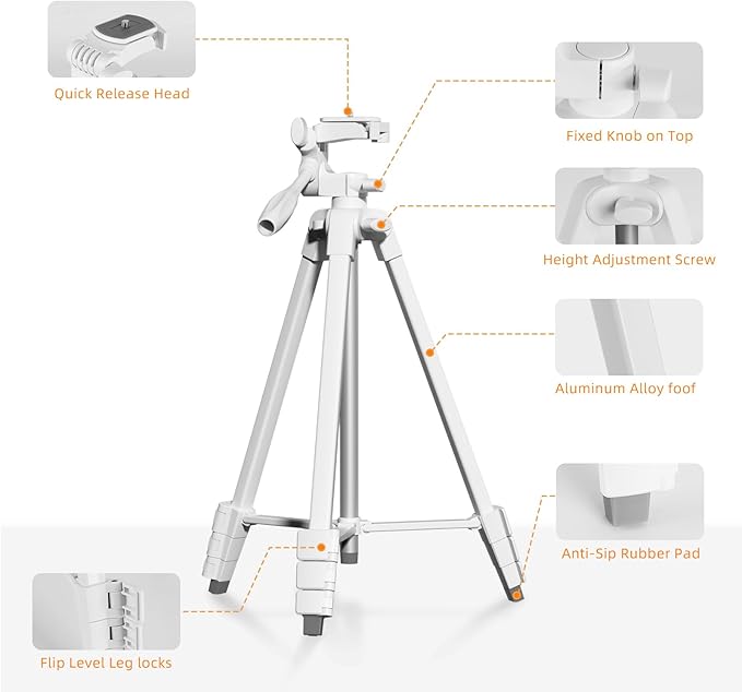 PHOPIK Extendable Tripod Stand - 55" Phone Tripod with 360 Panorama, Shutter-Video, 1/4" Mounting Screw for iPhone/Android/Sport Camera&Insta360 x5 - White