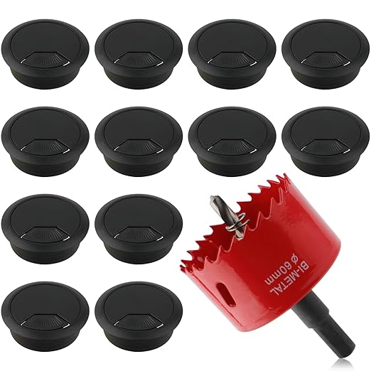 2-3/8 Inch(60mm) Desk Grommet,13 Pieces Wire Grommet, Desk Hole Cover for Cables with Hole Saw,Plastic Cable Cord Wire Hole Cover for Desk, Table,Cabinet,Countertop and Other Furniture(Black)