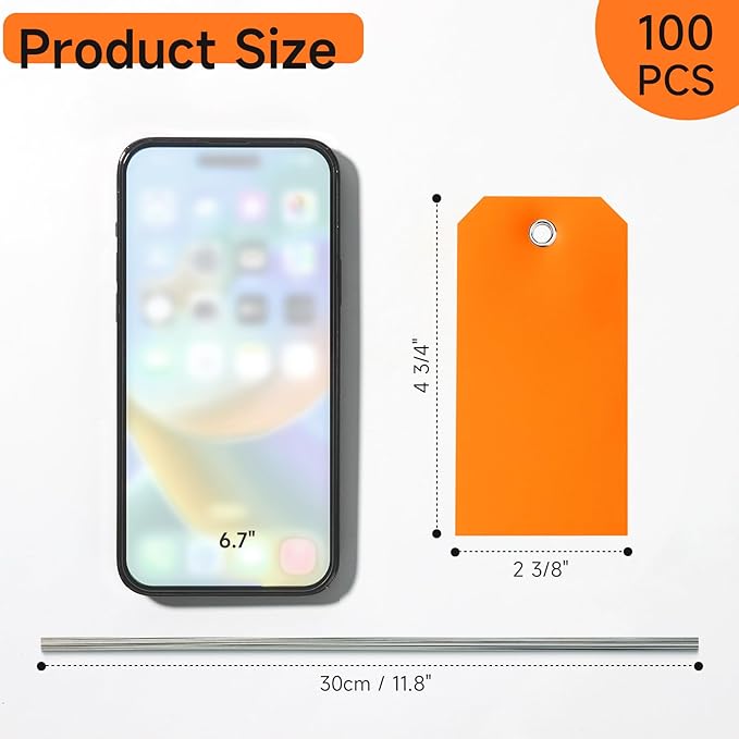 100 Pcs Marking Tags with String Rectangle Plastic Hang Tags Waterproof Orange Tags Wire Tags Write On Tie On Labels Tags for Auto Parts Luggage Garage Inventory DIY Price (Orange, 4 3/4" x 2 3/8")