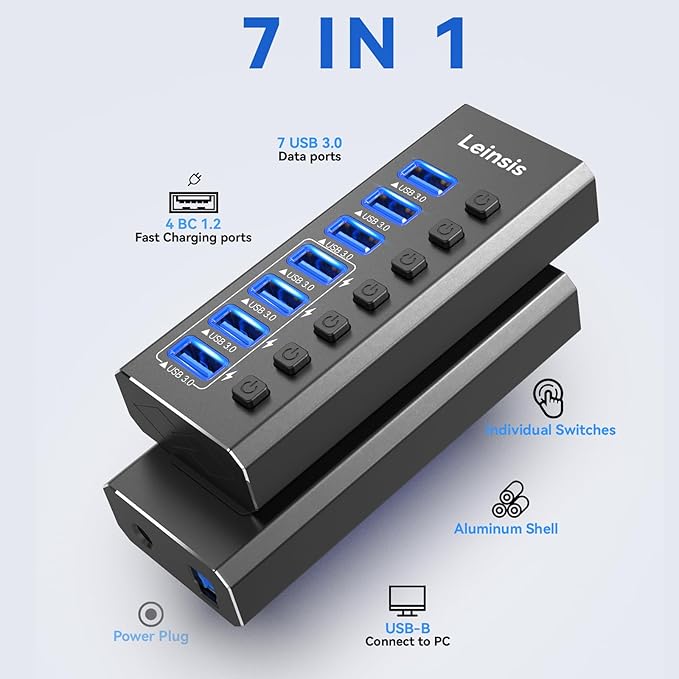 Powered USB Hub 3.0, Leinsis 7-Port USB 3.0 Hub [Durable Aluminum] 7 Data Transfer Ports+ 4 Smart Charging Ports with Individual On/Off Switches, USB Hub 3.0 Powered with Power Adapter for Laptop PC