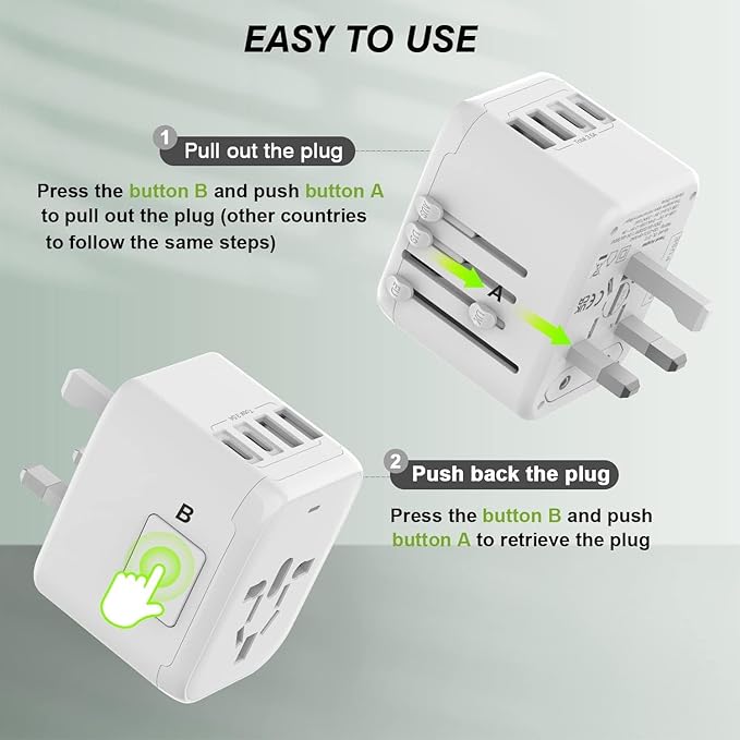 Universal International Power Travel Plug Adapter, 5 in 1 European Travel Plug Adapter W/ 3.5A 2xUSB-A and 2xUSB C Wall Charger and Worldwide AC Outlet for Europe USA UK AUS Asia