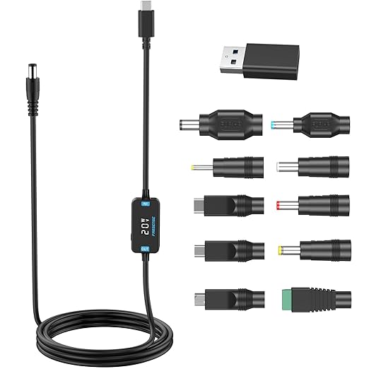 FARSENSE USB C to DC Adapter,Barrel PD Trigger Cable(3.3ft) with 10 Connector Tips,USB to DC Power Cable can Switch Voltage by Pressing The Key,Support LED Display Voltage