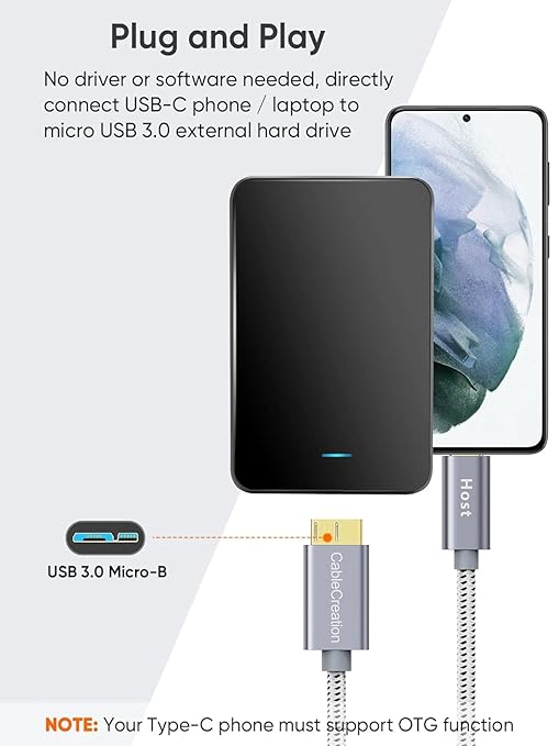 CableCreation 3.3ft*2 USB C to Micro B Cable,10Gbps Speed External Hard Drive Braided,USB 3.1 Type C to Micro B Work for iPhone 15 Series,Seagate WD Westgate My Passport,MacBook Pro,iPad/Tablet,Grey
