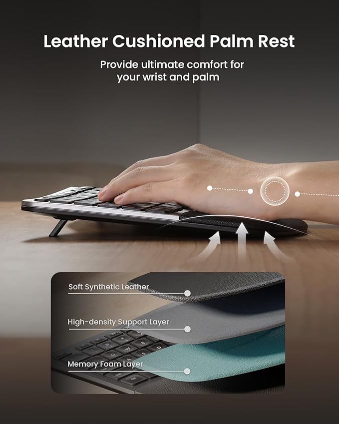 ProtoArc Ergonomic Keyboard Mouse, EKM01 Plus Full Size Wireless Bluetooth Ergo Keyboard Mouse Combo, Cushioned Palm Rest, Split Design, Rechargeable, Compatible for Windows, Mac OS - Gray and Black