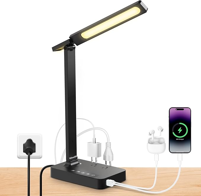 Infiway Desk Lamp with USB Charging Port: LED Desk Lamps for Home Office - 1 USB-A, 1 Type-C Charging Port, 2 AC Power Outlets, Touch Control Dimmable 5 Color 5 Brightness, Night Light(Black)