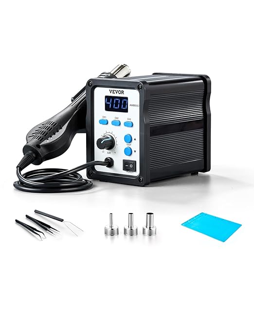 VEVOR Hot Air Rework Station, 700W Digital Display SMD Rework Station, 212℉-932℉ Hot Air Gun with Adjustable Airflow, 3 Pre-Set Channels & ℃/℉ Conversion for Chip Dismantling, Electronics Repair