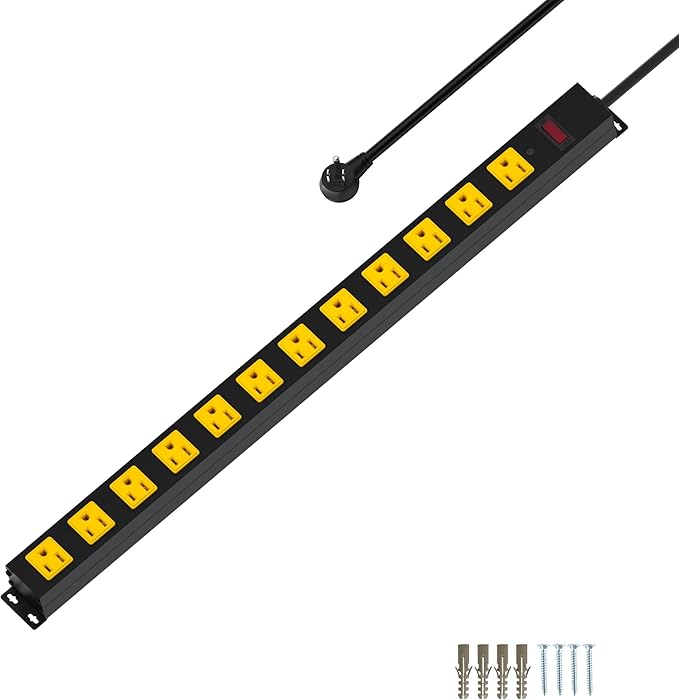 Metal 12 Outlet Mountable Power Strip, Surge Protector Heavy Duty Cord Wide Spaced and Wall Mount Metal Powerstrip for Outdoor, Desk, Garage, Industrial, Shop and Indoor (6ft)
