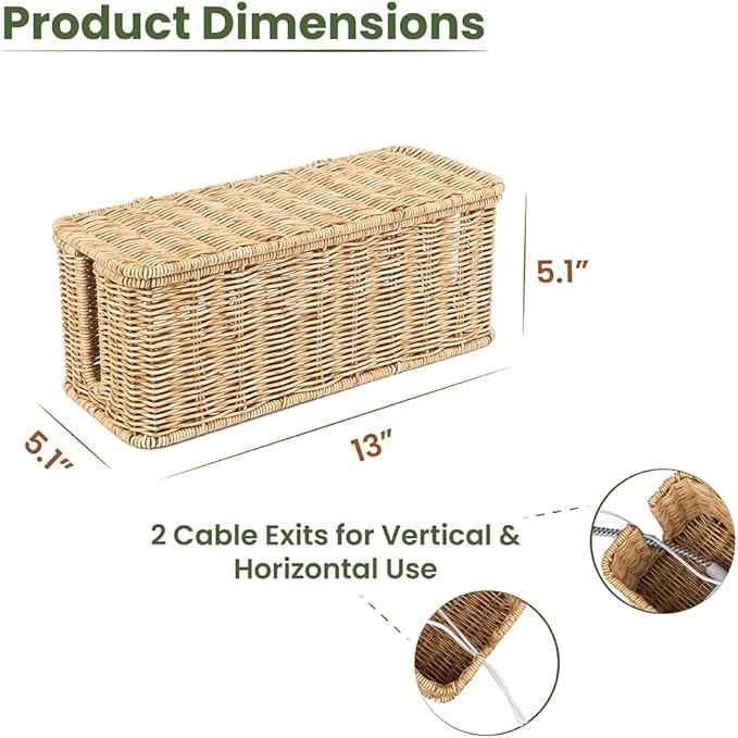 Cable Management Box, Handmade Rattan Cable Organizer, 2 Open Slots Cords Hider Box, Under Desk Cord Organizer for Computer Router USB Hub & Power Strip, Patent Pending, 13" x 5.1" x 5.1", Natural