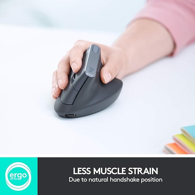 Logitech MX Vertical Wireless Mouse – Ergonomic Design Reduces Muscle Strain, Move Content Between 3 Windows and Apple Computers, Rechargeable, Graphite