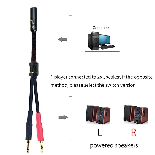 Arklove 25ft Shielded 1/8" aux Input 3.5mm Female to 2X 3.5 Output Splitter Stereo Audio Video Cable Out 3.5 Male to Two 3.5 Male in Dual Speaker Cord 24k Gold Plated Cord
