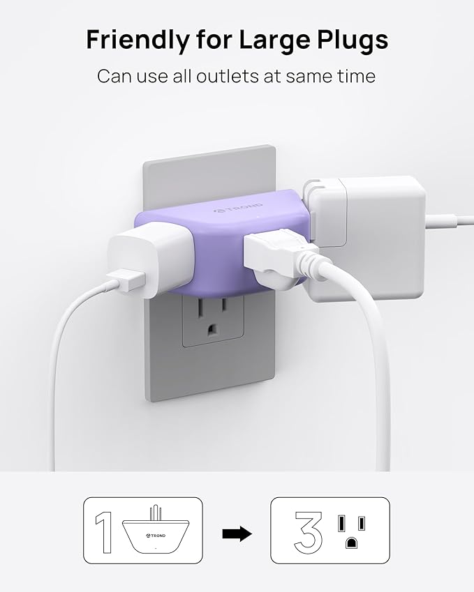 TROND Purple Outlet Extender - Plug Splitter with 3-Prong Grounded Sockets, 3 Way Angled Outlet Adapter, Wall Plug Expander, Cruise Ship Essentials, Compact and Practical for Travel Home Decoration