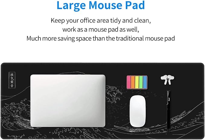 Japanese Gaming Mouse Pad Black Mouse Pad Kanagawa Large Mousepad Non-Slip Rubber Base Waterproof with Stitched Edges for Gaming Office Home, 31.5x11.8 Inch (Black Wave)