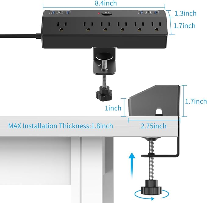Desk Clamp Power Strip with 40W Fast Charging Station, JXGUCAT Removable Desk Clamp Mount Power Strip Surge Protector, 2 USB-C Ports, 6 AC Outlets and 10ft Cord, Fits 1.8" Tabletop Edge