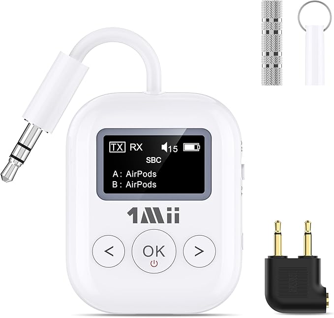 1Mii SafeFly Min+ Bluetooth Transmitter and Receiver,Bluetooth Adapter for Airplane, Supports to 2 AirPods/Headphones,Use with Any 3.5mm Jack on Airplanes, Gym, TVs, Car, Home, Boat(White)