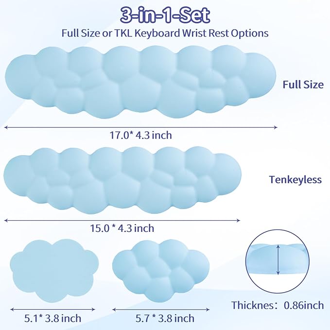 Cloud Wrist Rest Keyboard, Cloud Keyboard Wrist Pad Set with PU Leather Memory Foam, Cute Arm Rest for Palm Support, PC/Gaming Desk Accessories/Office Setup/Computer Hand Cushion - Blue