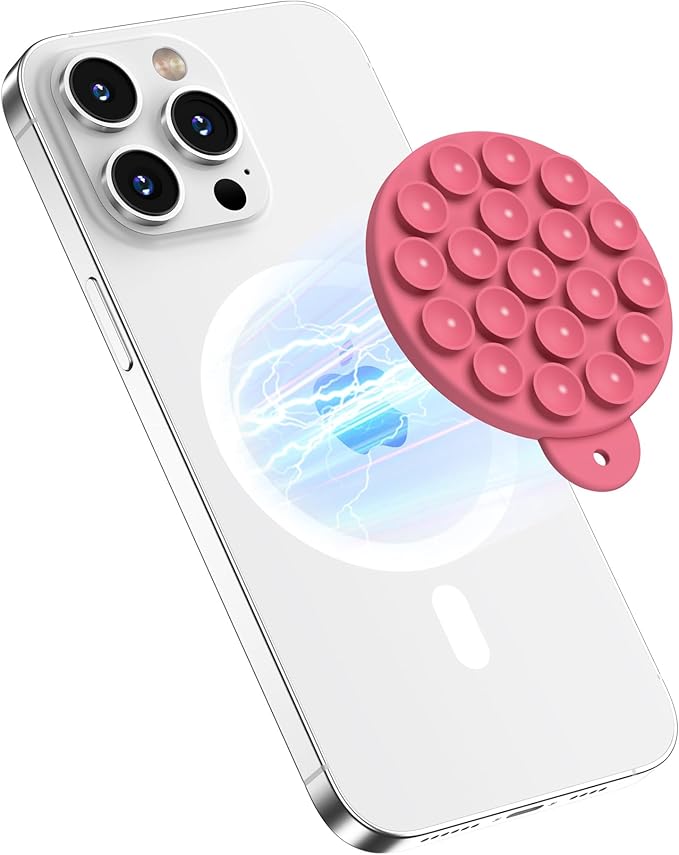 Magnetic Suction Cup Phone Mount for MagSafe Case, Silicone Hands-Free Grip Holder for iPhone and Android, Mirror Shower Phone Stand for Makeup FaceTime Gym Kitchen Bathroom, Camellia Red