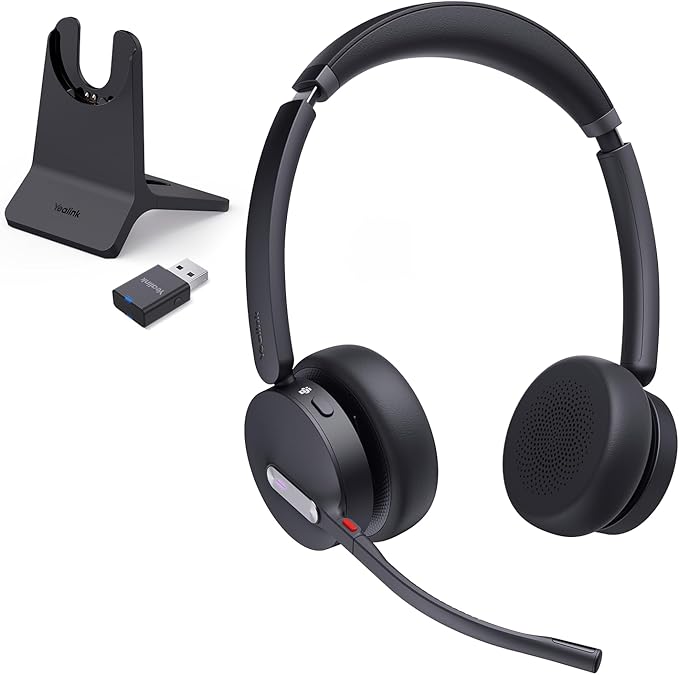 Yealink WH64 Hybrid DECT& Bluetooth Wireless Headset,492ft Range Dual Teams UC Zoom Headphones with DECT Dongle&Charging Stand, 3X Noise Cancelling Mic, 32H Talk Time,Headsets for PC,Phone,Laptop