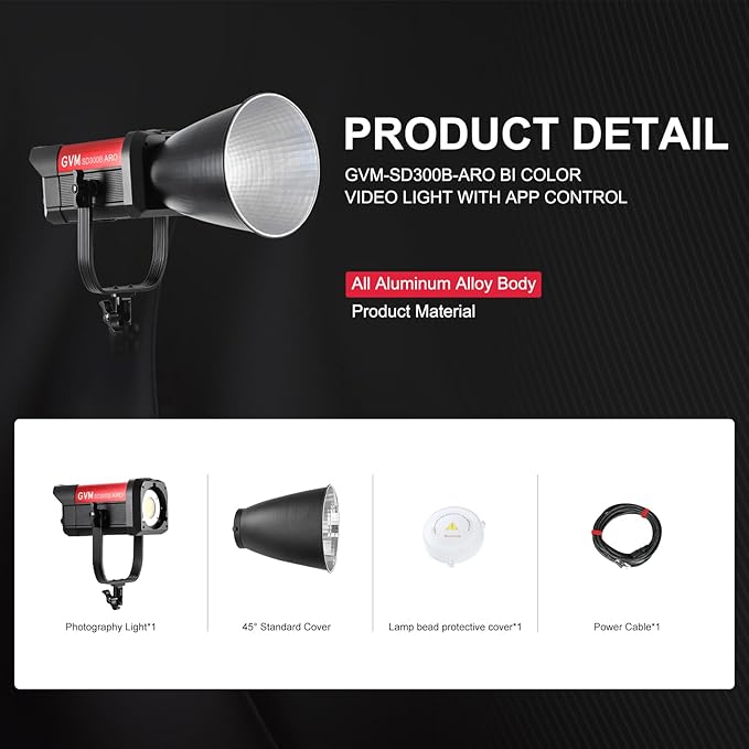 GVM 300W LED Video Light, 221950lux/1m, ARO SD300B Photography Lighting Kit with APP Control, 2700K-6800K Studio Light Continuous Lighting Kit for YouTube,Film,12 Scene Effects