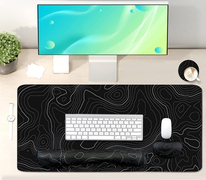 Topographic Large Mouse Pad and Keyboard Wrist Rest, Desk Pad for Keyboard and Mouse, 4-in-1 Large Gaming Mouse Pad with Wrist Support, Non-Slip Desk Mat for Home Office Study Game-Topographic Contour