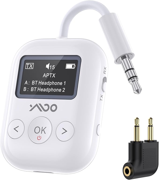 YMOO Bluetooth 5.4 Transmitter Receiver for Airplane, Wireless Bluetooth Adapter Travel Essentials, Supports to 2 Headphones, 25H Playtime, 2-in-1 Adapter with LED Display for TVs Gym Car Home,White