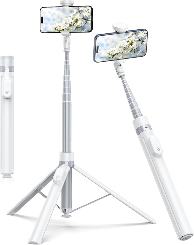 TONEOF 70" Automatic Tripod,Auto-Open Phone Stand with Magnetic Rechargable Remote,Selfie Stick 360° Vertical & Horizontal Rotatable,Stable Travel Tripod for iPhone/Android(White)