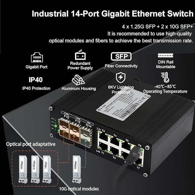 Industrial 8-Port Gigabit Ethernet Plus Switch with 2x10G SFP+ and 4x1.2.5G SFP, 10/100/1000Mbps, DIN Rail Mount Unmanaged Ethernet Fiber Switch