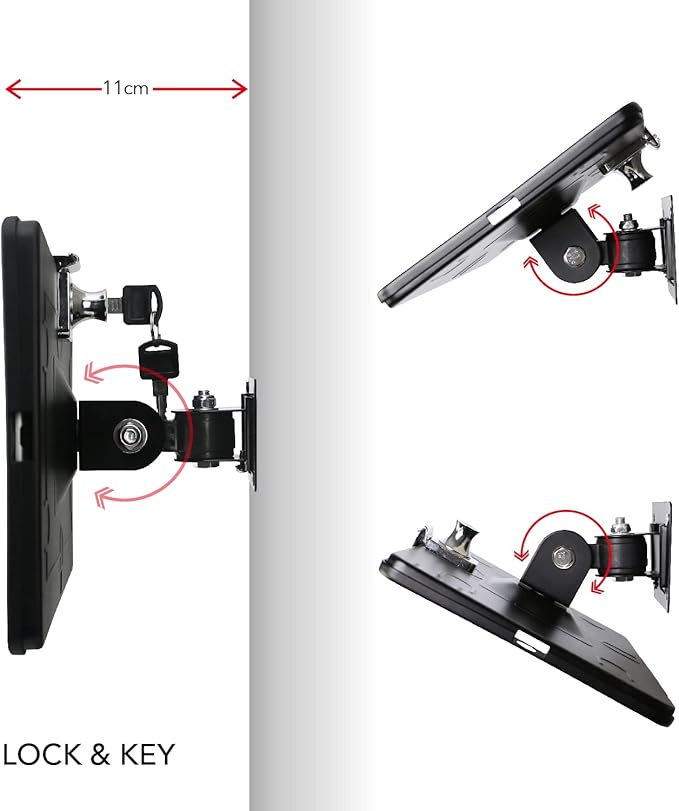 On Wall Mount Bracket for iPad 9.7" (6th, 5th Gen, Air 1 & 2, Pro), Anti-Theft Lock, Rotate Design, Multi-Angle, Metal (Black)