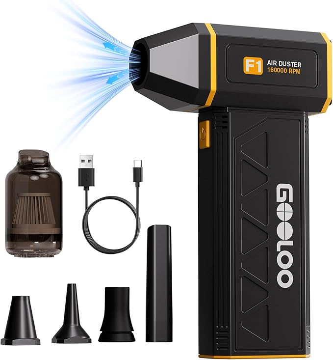 GOOLOO F1 Electric Air Duster with Mini Vacuum, 3 Gear Adjustable 160000 RPM Compressed Air Duster, Mini Blower for Keyboard PC Car, Cordless Rechargeable Air Blower,Yellow