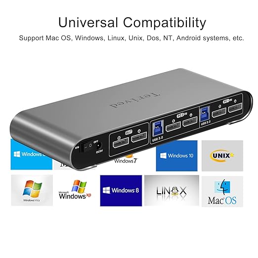 2 Port DP USB 3.0 Automatic KVM Switch Dual Monitor 4K@144Hz Two Computers Two DisplayPort Monitors switcher, 8K@30Hz, Aluminum hotkey Audio mic, Digital Display, HDR10 with Cables