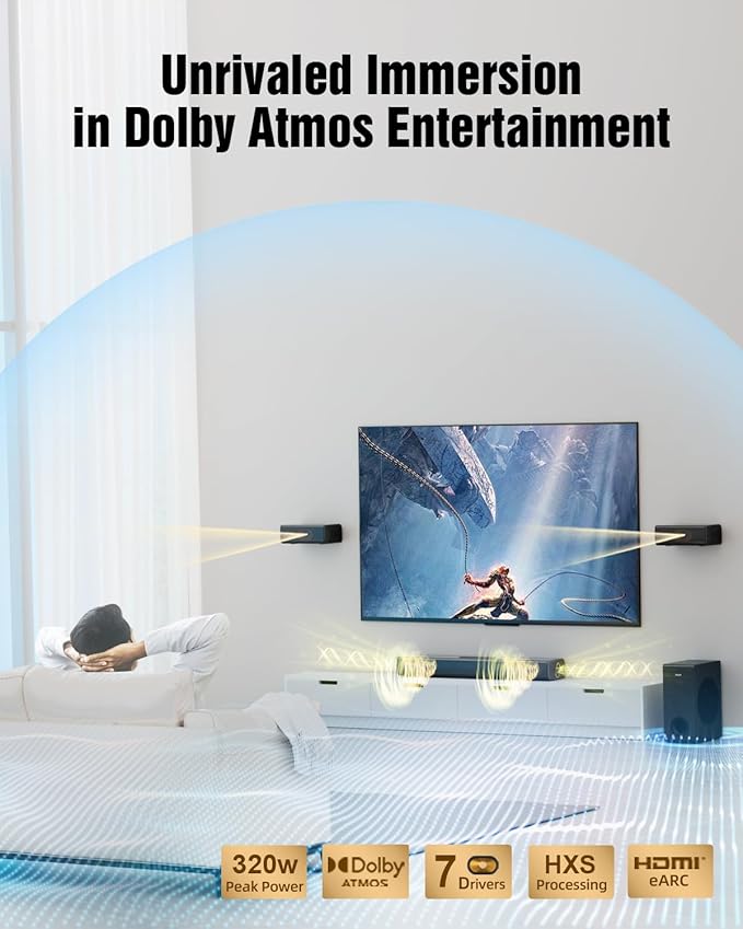 Hiwill 4.1ch Dolby Atmos Soundbar, 320W Sound Bar for Smart TV with Subwoofer, 2 Side-Firing Tweeters, 2 Front Surround Speakers, Home Theatre 3D Surround Sound System for TV Speaker, eARC/OTP/AUX