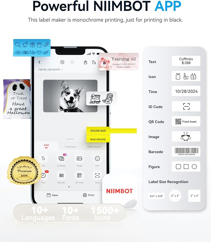 NIIMBOT B1 Label Maker Machine with Tape, Label Printer with 3 Rolls Label Paper, 50x30mm/50x80mm White Paper/50x50 Round Label for Office Supplies, Home, Business