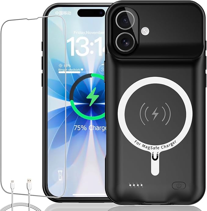 Battery Case for iPhone 17, Upgraded 10000mAh Ultra-Slim Rechargeable Portable Extended Battery Pack Support Qi Wireless Charging Case Compatible with iPhone 17 (6.3 inch) Charger Case Cover(Black)