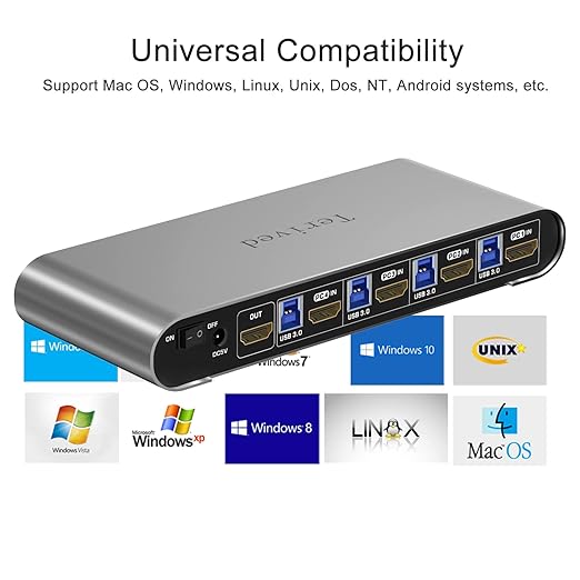 HDMI KVM Switch 4 in 1 Out with Hotkey Mouse Switching, Audio Mic Support, 4K@60Hz, USB 3.0 Hub, Digital Display, Terived Aluminum KVM with Cables Included